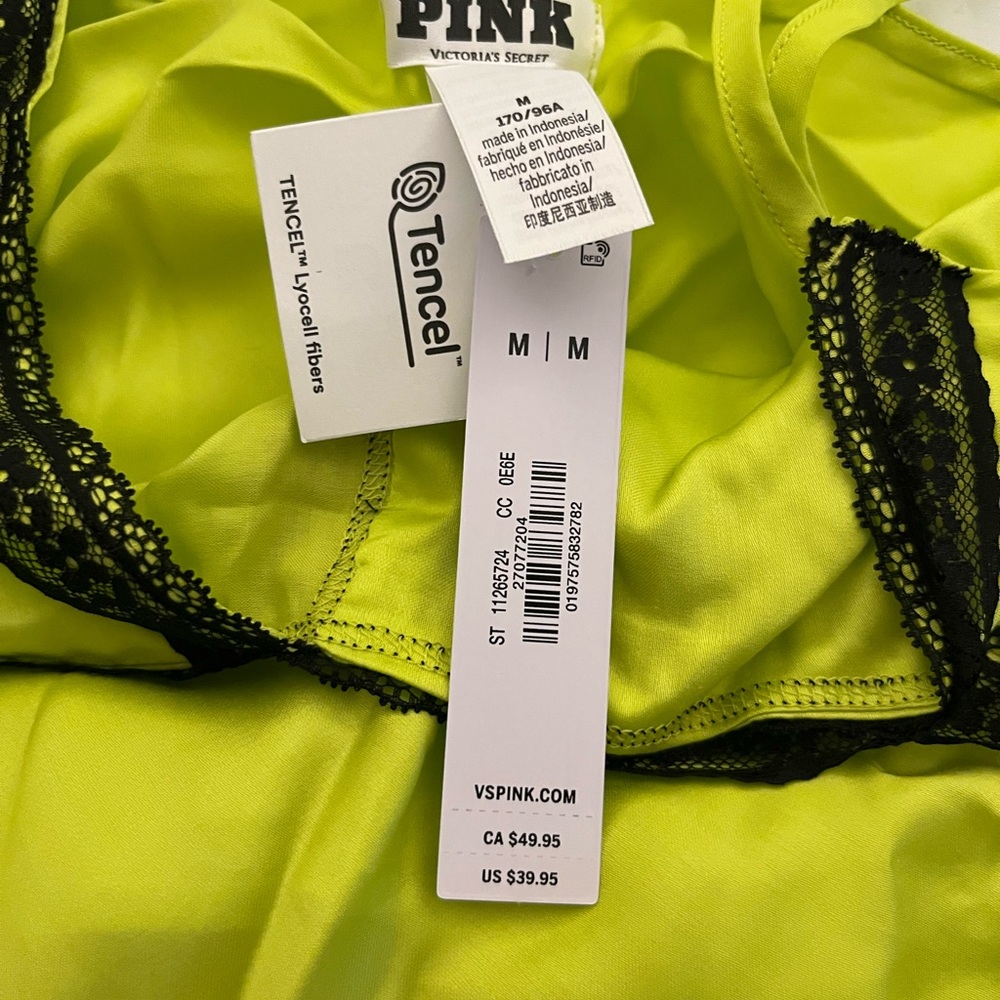 Victoria's Secret Lime Satin Pajama Set with Black Lace - Picture 3 of 4